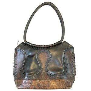 VTG Anna Cainzo leather tooled rolled handle handbag